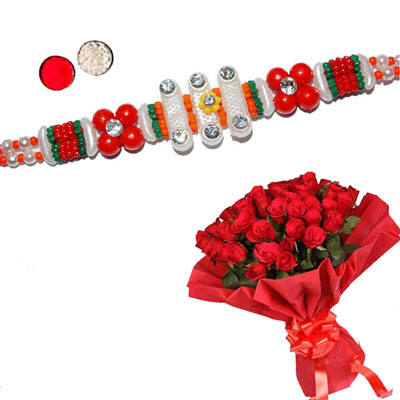 "Zardosi Rakhi - ZR-5360 A  (Single Rakhi), 25 red roses flower bunch - Click here to View more details about this Product